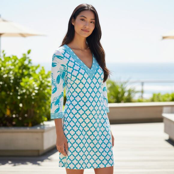 Gretchen Scott White Turquoise Print Sheath Dress XS V‑Neck 3/4 Sleeve EUC ✨ - Picture 2 of 6